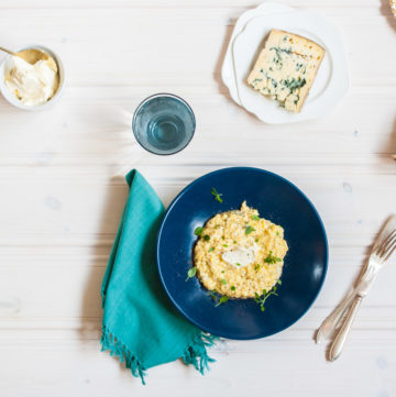 Blue Cheese Scrambled Eggs - Luscious, creamy, slow-scrambled eggs with a touch of salty blue cheese and a dollop of mascarpone. A luxurious, vegetarian brunch recipe, great served with crusty sourdough bread. By @deliciouscratch | deliciousfromscratch.com