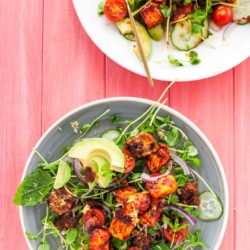 Harissa halloumi salad recipe with tomato pesto and avocado from How to Cook Halloumi cookbook by Nancy Anne Harbord. Chunks of halloumi roasted with harissa, piled on watercress, pea shoots and fresh tomato. A spectacular vegetarian halloumi salad recipe! By @deliciouscratch | deliciousfromscratch.com