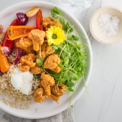 Spicy Indo-Chinese battered cauliflower with garlicky vegetables and brown rice recipe