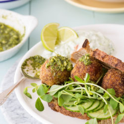 Crispy, creamy, beautifully seasoned potato cheese fritters, packed with halloumi, garlic, green chilli and lime. Zingy coriander pesto to dip.