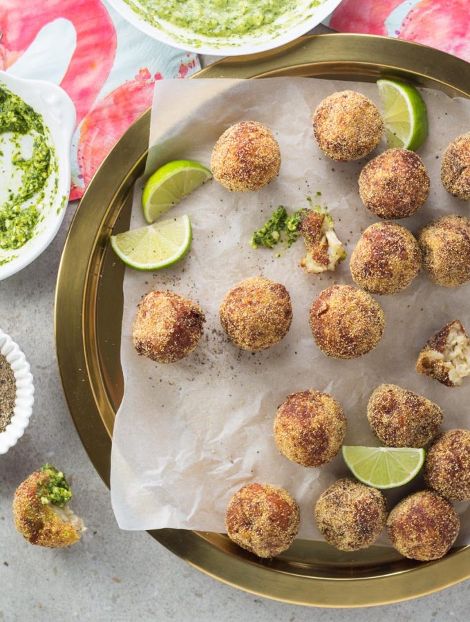 Crispy, creamy, beautifully seasoned potato cheese fritters, packed with halloumi, garlic, green chilli and lime. Zingy coriander pesto to dip.