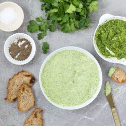 Homemade mayonnaise blended with garlic, lime and lots of fresh coriander. Great for dipping potatoes and veggies or dolloping on a veggie burger.