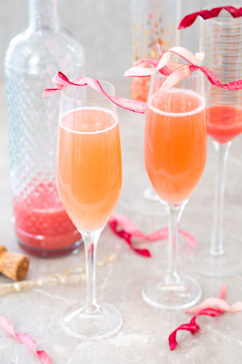 A simple, strikingly beautiful rhubarb garnish for cakes, desserts and cocktails. Just soak strips of rhubarb in sugar syrup and dry out in the oven.